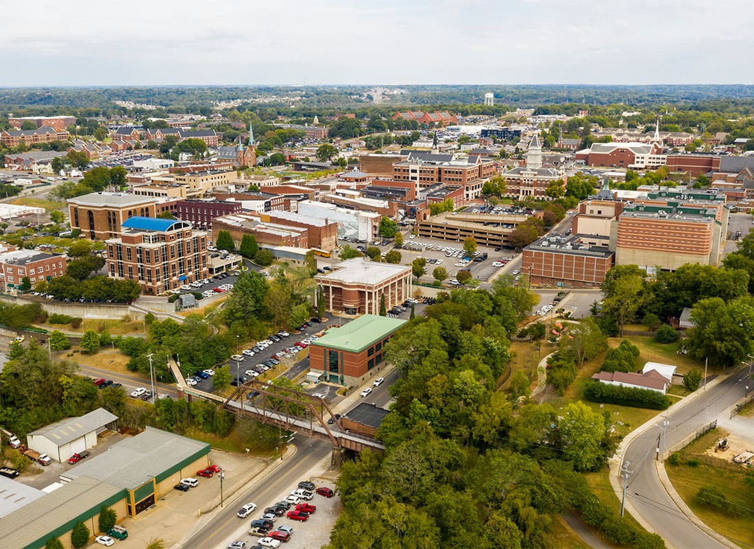 Spring Hill, TN - Aerial View Over the Buildings and Infrastructure in Clarksville Tennessee